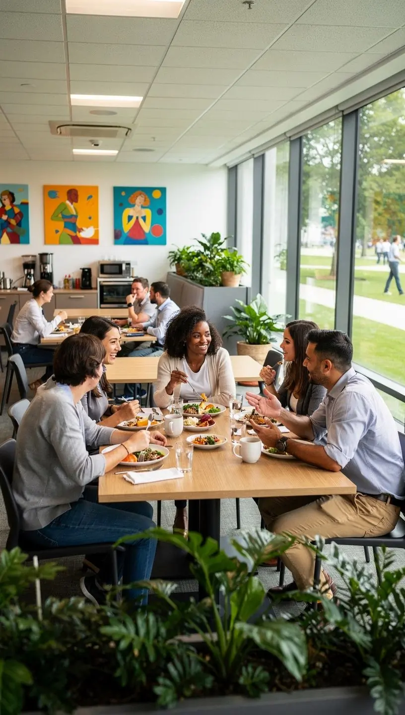 Зона для отдыха сотрудников с мягкой мебелью и зелеными растениями