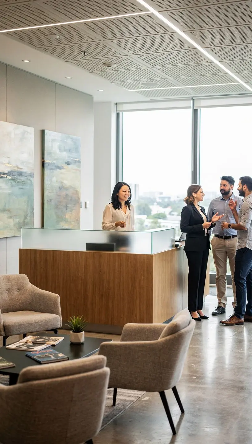 Стол переговоров в светлом офисе с удобными стульями и стильным освещением.