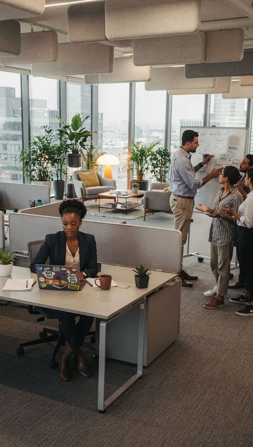 Интерьер офиса с яркими акцентами и функциональной мебелью для повышения продуктивности.