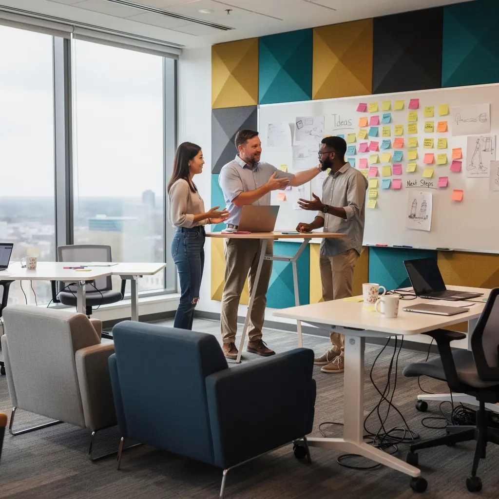 Современный офис с открытой планировкой и зонами для совместной работы